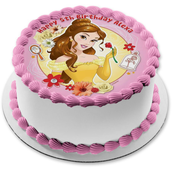 Decoración comestible para tarta con flores de espejo de Bella y la Bestia de la Princesa Disney, imagen ABPID22157 