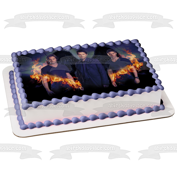 Imagen comestible para tarta con alas de fuego sobrenaturales Sam Winchester Castiel y Dean Winchester ABPID03392 