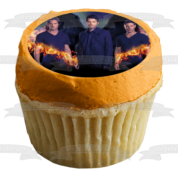 Imagen comestible para tarta con alas de fuego sobrenaturales Sam Winchester Castiel y Dean Winchester ABPID03392 