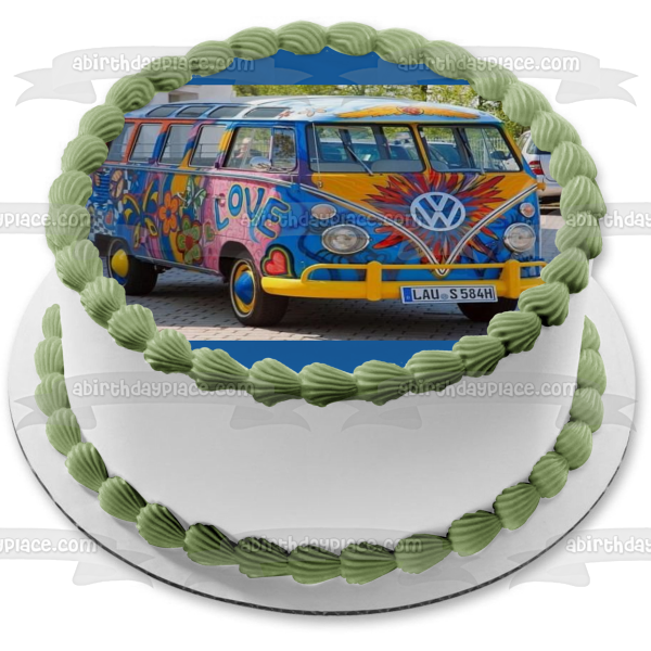 VW Van Pintado Hippie Bus Años 70 Imagen comestible para tarta ABPID00127 