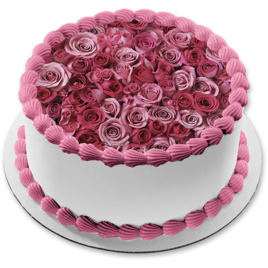 Adorno comestible para tarta con diseño de cama de rosas rojas y rosadas, imagen ABPID00162 