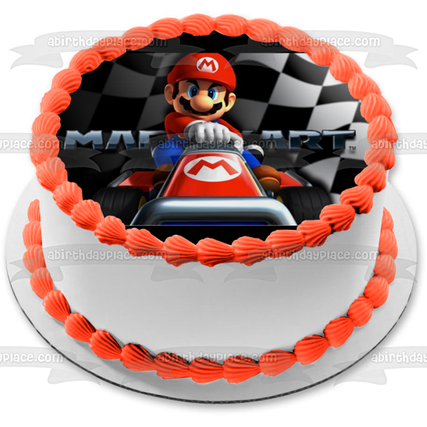 Super Mario Bros. Mario Kart Checkered Flag Edible Cake Topper Image ABPID00147