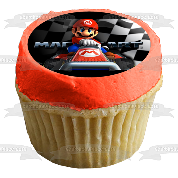 Super Mario Bros. Mario Kart Checkered Flag Edible Cake Topper Image ABPID00147