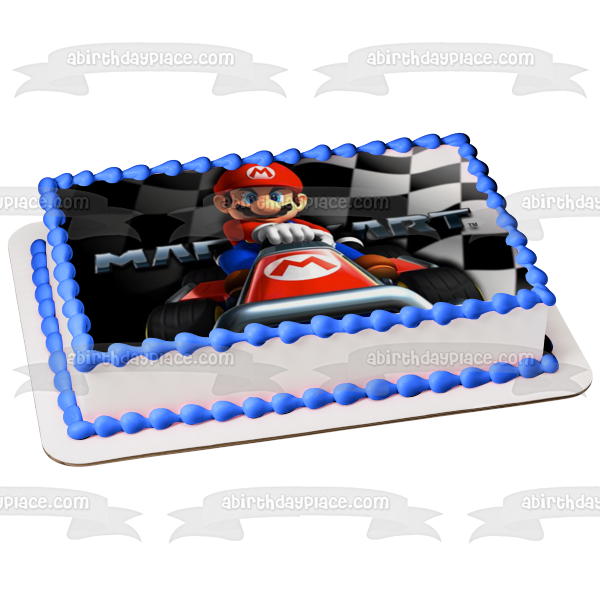 Super Mario Bros. Mario Kart Checkered Flag Edible Cake Topper Image ABPID00147