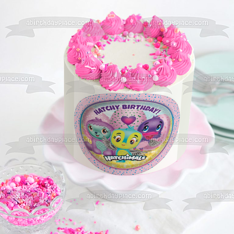 Hatchy Cumpleaños Hatchimals Corazones Fondo Púrpura Imagen Comestible Para Pastel ABPID00201 