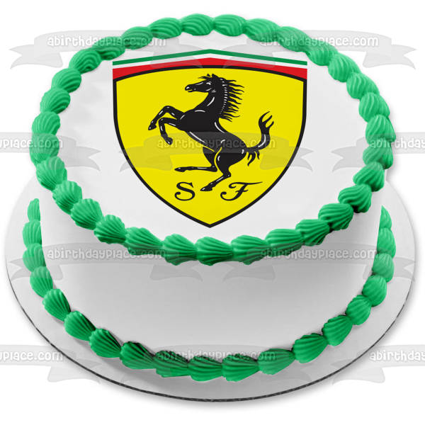 Logotipo de Ferrari, caballo rampante negro, fondo amarillo, decoración comestible para tarta, imagen ABPID00221 