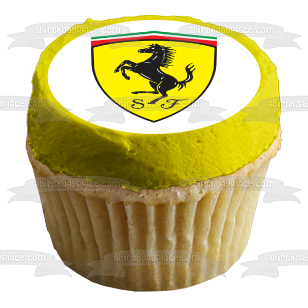 Logotipo de Ferrari, caballo rampante negro, fondo amarillo, decoración comestible para tarta, imagen ABPID00221 