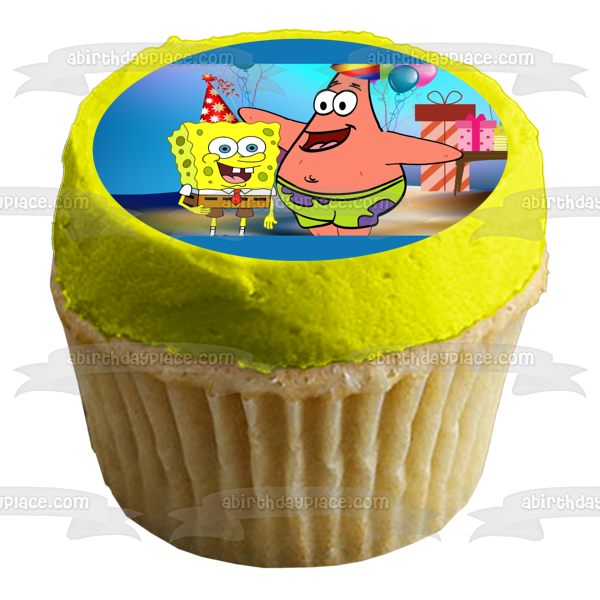 SpongeBob SquarePants Happy Birthday Patrick Party Hats Presents Balloons Edible Cake Topper Image ABPID00372