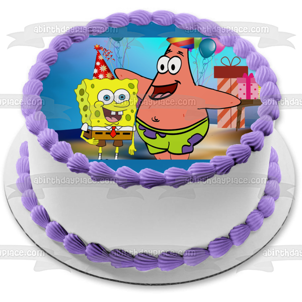 SpongeBob SquarePants Happy Birthday Patrick Party Hats Presents Balloons Edible Cake Topper Image ABPID00372