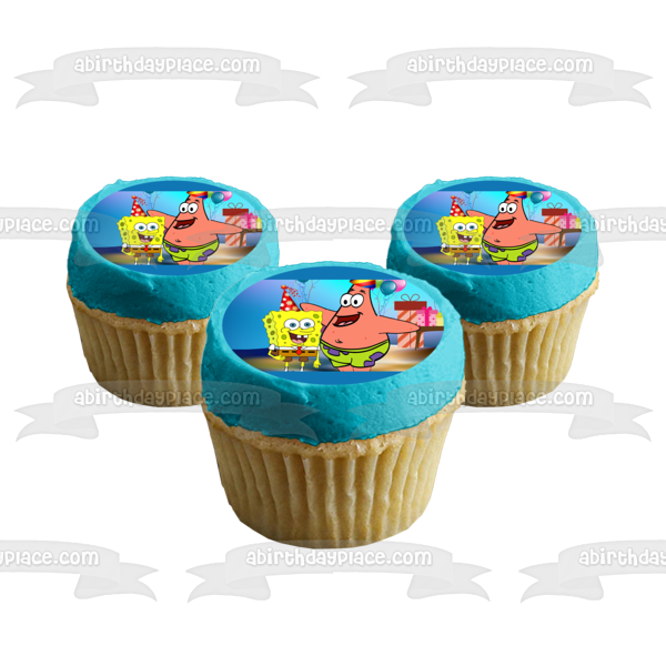 SpongeBob SquarePants Happy Birthday Patrick Party Hats Presents Balloons Edible Cake Topper Image ABPID00372