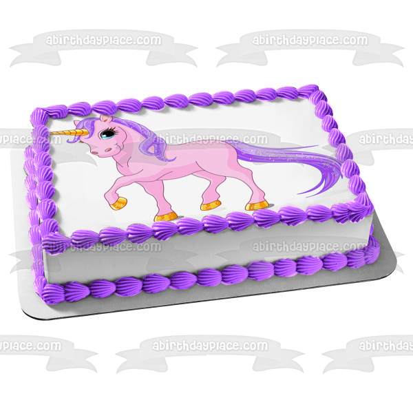 Pink Unicorn Purple Hair Leg Up Edible Cake Topper Image ABPID00416