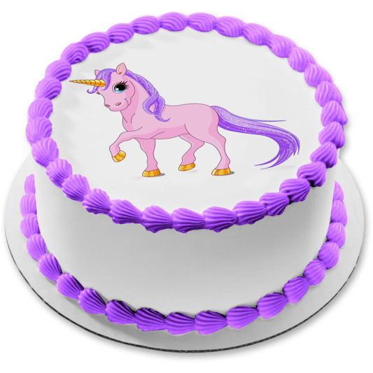 Pink Unicorn Purple Hair Leg Up Edible Cake Topper Image ABPID00416