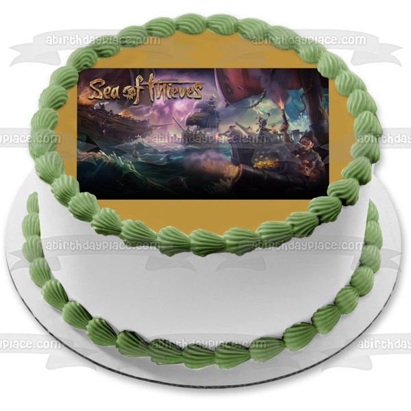 Adorno comestible para tarta con tesoro pirata y barco pirata de Sea of ​​Thieves, imagen ABPID00476 