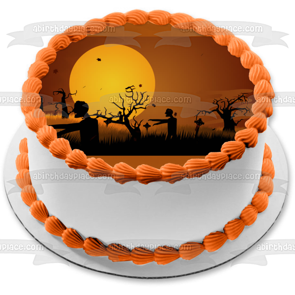 Adorno comestible para tarta con silueta de cementerio de zombis, feliz Halloween, imagen ABPID00579 