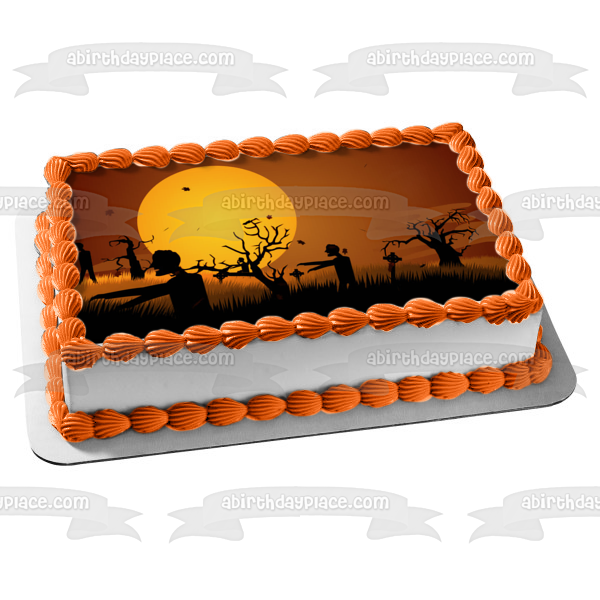 Adorno comestible para tarta con silueta de cementerio de zombis, feliz Halloween, imagen ABPID00579 