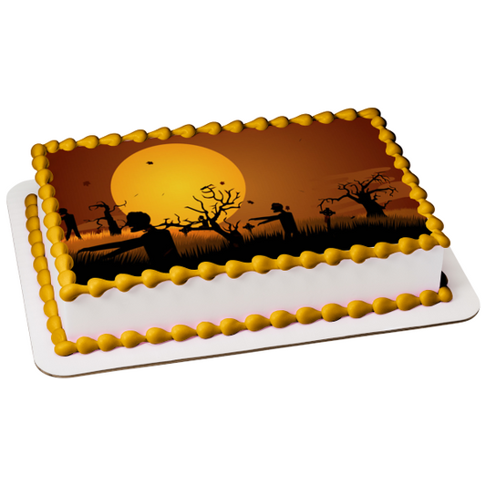 Zombie Graveyard Silhouette Happy Halloween Edible Cake Topper Image ABPID00579