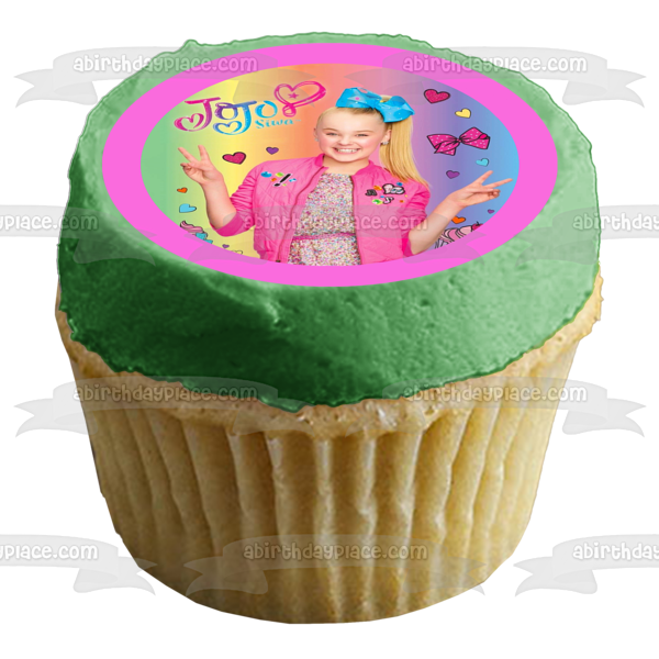 Imagen de decoración comestible para tarta con lazos y cupcakes de corazones de la paz de Jojo Siwa ABPID00686 