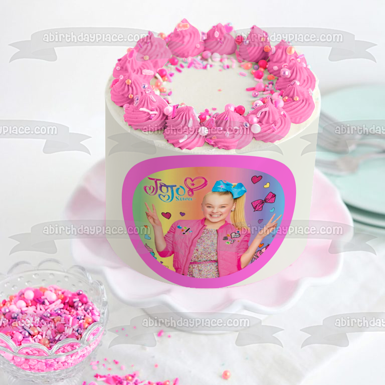 Imagen de decoración comestible para tarta con lazos y cupcakes de corazones de la paz de Jojo Siwa ABPID00686 