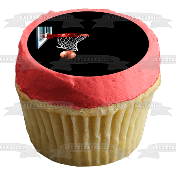 Portería de baloncesto con baloncesto sobre fondo negro Imagen comestible para decoración de tarta ABPID00783 