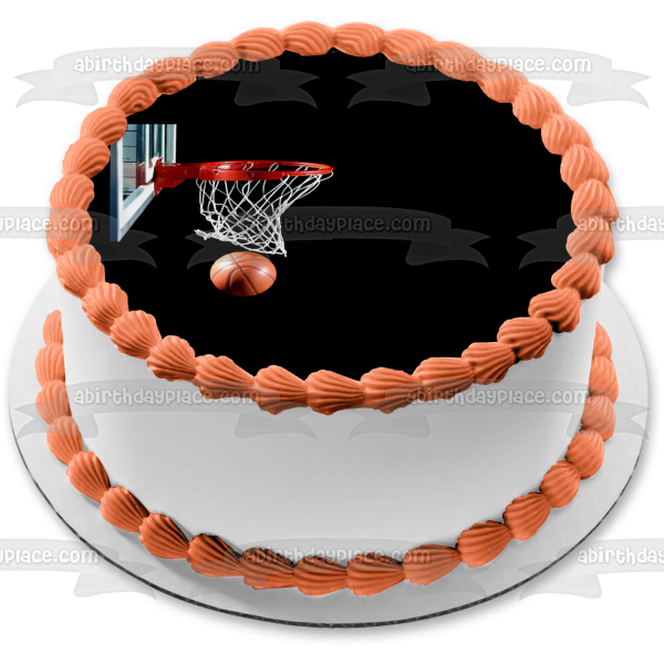 Portería de baloncesto con baloncesto sobre fondo negro Imagen comestible para decoración de tarta ABPID00783 