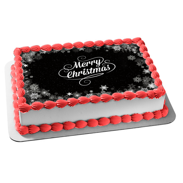 Merry Christmas Black and White Snowflakes Edible Cake Topper Image ABPID55117