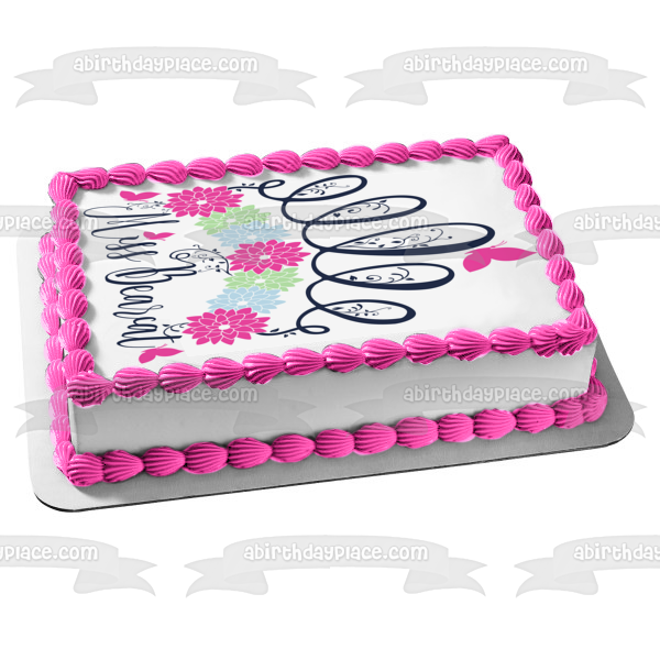 Miss Bearcat Flowers Butterfly Pink Blue Green Edible Cake Topper Image ABPID00818