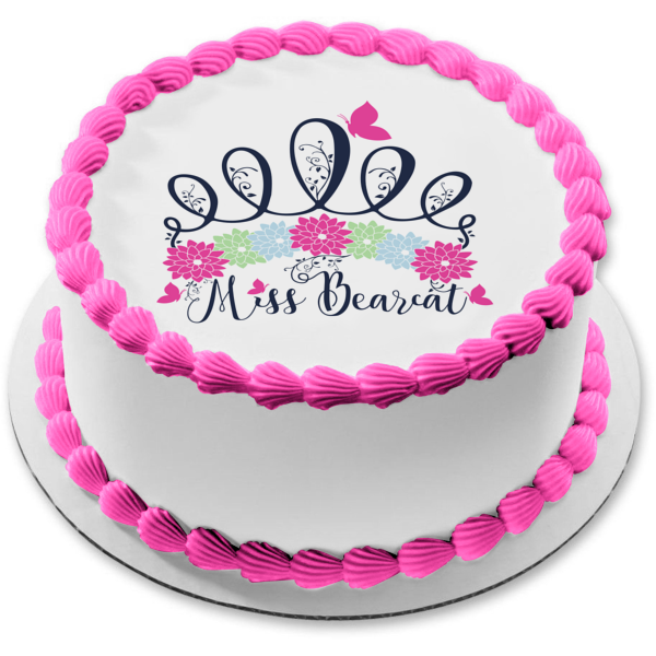 Miss Bearcat Flowers Butterfly Pink Blue Green Edible Cake Topper Image ABPID00818