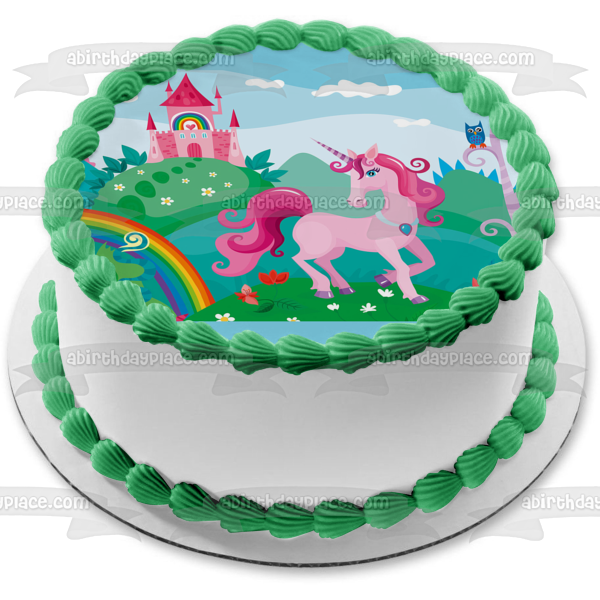 Unicorn with Rainbow Coloring Book Pink Castle Edible Cake Topper Image ABPID00820