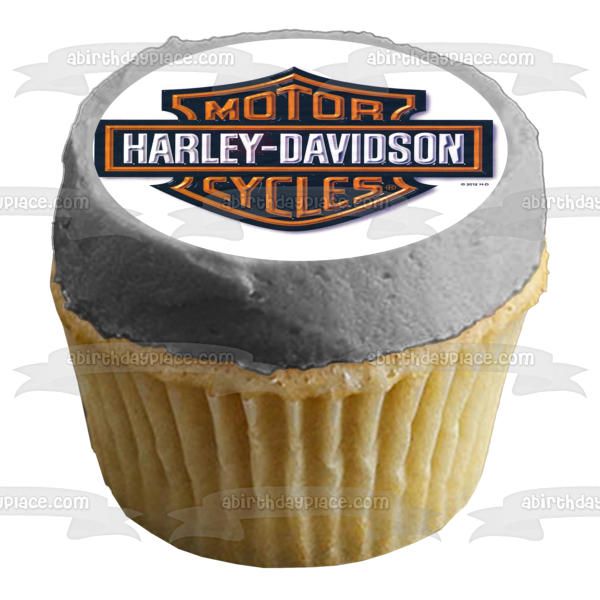 Adorno comestible para tarta con apariencia metálica con logotipo naranja de Harley Davidson, imagen ABPID27240 