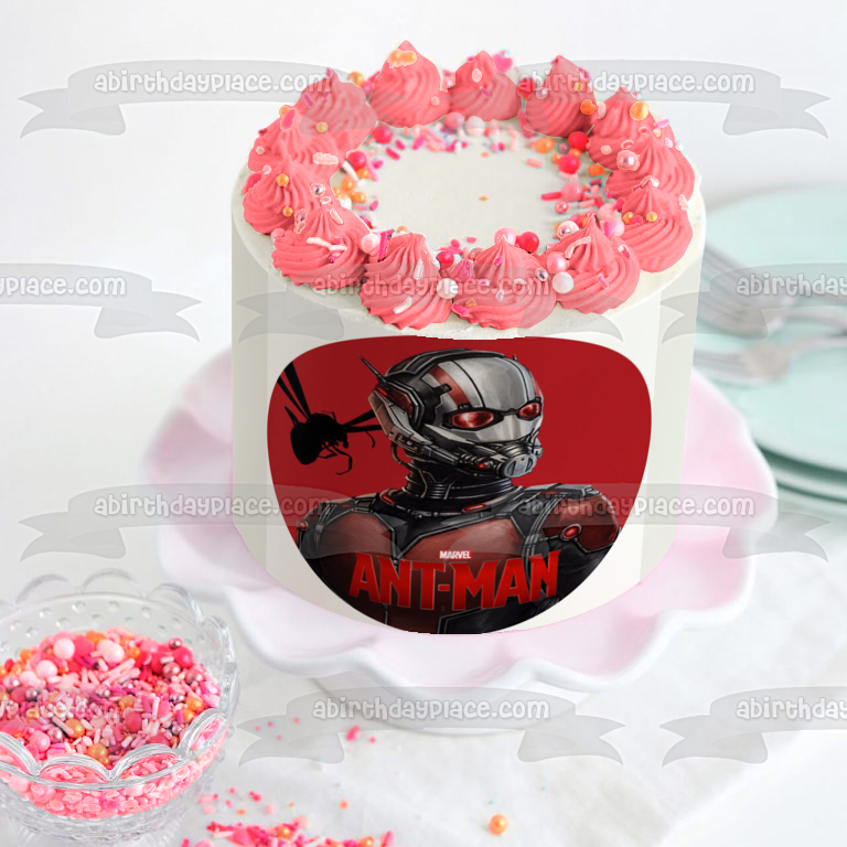 Ant-Man and a Flying Ant with a Red Background Edible Cake Topper Image ABPID00867