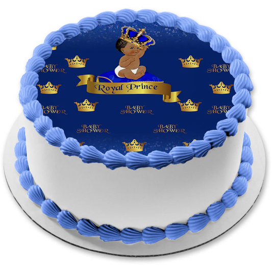 Baby Shower Royal Prince Baby Gold Blue Crown Edible Cake Topper Image or Strips ABPID00890