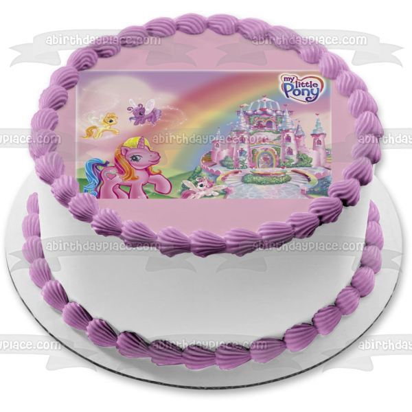 Adorno comestible para tarta con castillo rosa y ponis de My Little Pony, imagen ABPID01005 