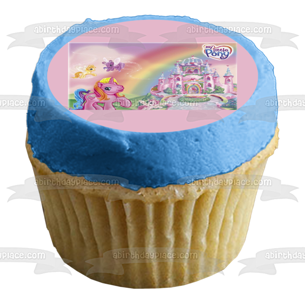 Adorno comestible para tarta con castillo rosa y ponis de My Little Pony, imagen ABPID01005 