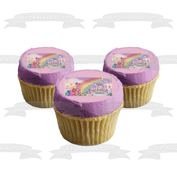 Adorno comestible para tarta con castillo rosa y ponis de My Little Pony, imagen ABPID01005 