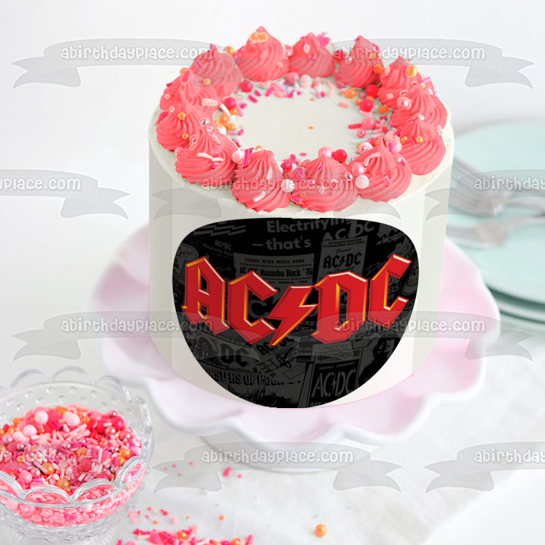 Imagen comestible para decoración de tarta con fondo de periódico con logotipo rojo de AC/DC ABPID01097 