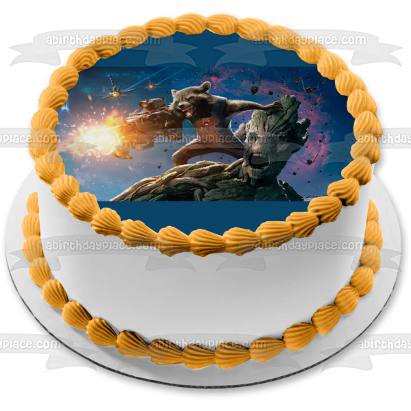 Groot and Rocket Machine Gun Edible Cake Topper Image ABPID01164