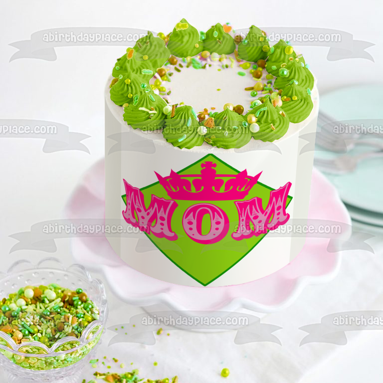 Imagen comestible para decoración de tarta con fondo de diamante verde y corona rosa de mamá ABPID01167 