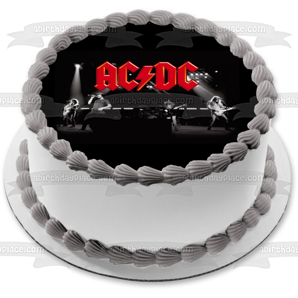 AC/DC Logo rojo Banda de rock cantando tocando instrumentos Imagen de decoración comestible para tarta en blanco y negro ABPID01224 