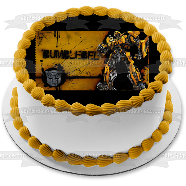 Transformers Autobot Bumblebee Standing Logo with a Yellow Background Edible Cake Topper Image ABPID01233