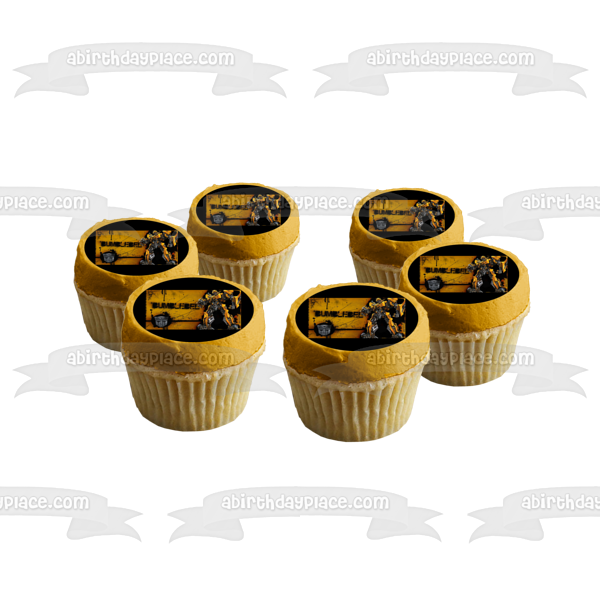 Transformers Autobot Bumblebee Standing Logo with a Yellow Background Edible Cake Topper Image ABPID01233