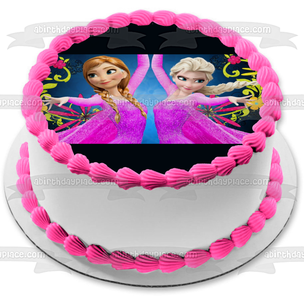 Imagen de decoración comestible para tarta con vestidos de baile rosas y flores de Frozen Anna Elsa ABPID01271 