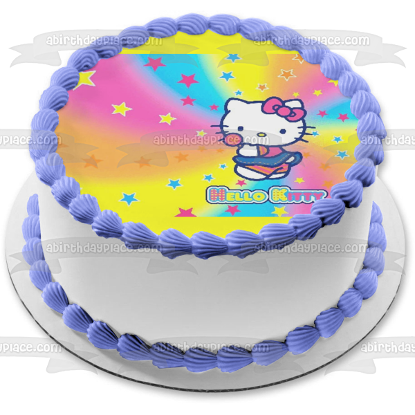 Logotipo de Hello Kitty Tye Dye y fondo estrellado Imagen comestible para decoración de tarta ABPID01249 