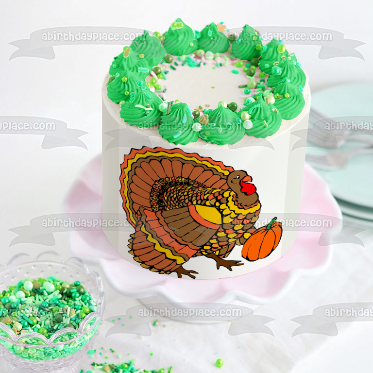 Happy Thanksgiving Colorful Turkey and a Pumpkin Edible Cake Topper Image ABPID01288