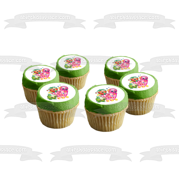 Shopkins Shopping Cart D'Lish Donut Strawberry Kiss and Apple Blossom Edible Cake Topper Image ABPID01316