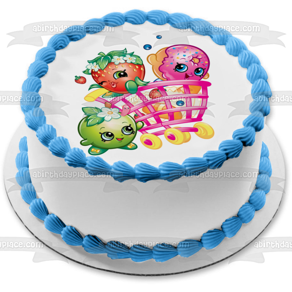 Shopkins Shopping Cart D'Lish Donut Strawberry Kiss and Apple Blossom Edible Cake Topper Image ABPID01316