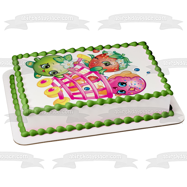 Shopkins Shopping Cart D'Lish Donut Strawberry Kiss and Apple Blossom Edible Cake Topper Image ABPID01316