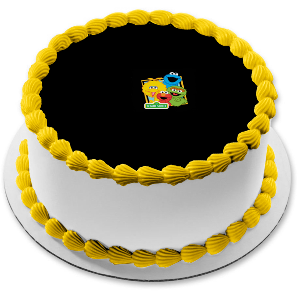 Barrio Sésamo Elmo El Monstruo de las Galletas Oscar el Gruñón Fondo negro y adorno comestible para tarta con gran pájaro Imagen ABPID01320 