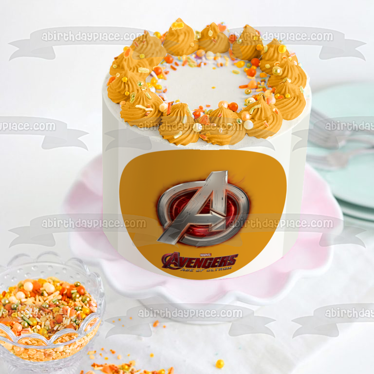 Avengers Logo Age of Ultron and a Yellow Background Edible Cake Topper Image ABPID01410