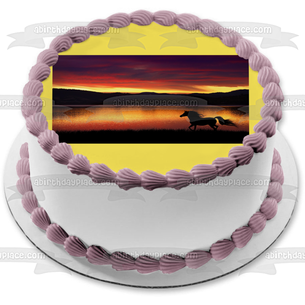 Horse Running Silhouette Sunset Background Edible Cake Topper Image ABPID01413