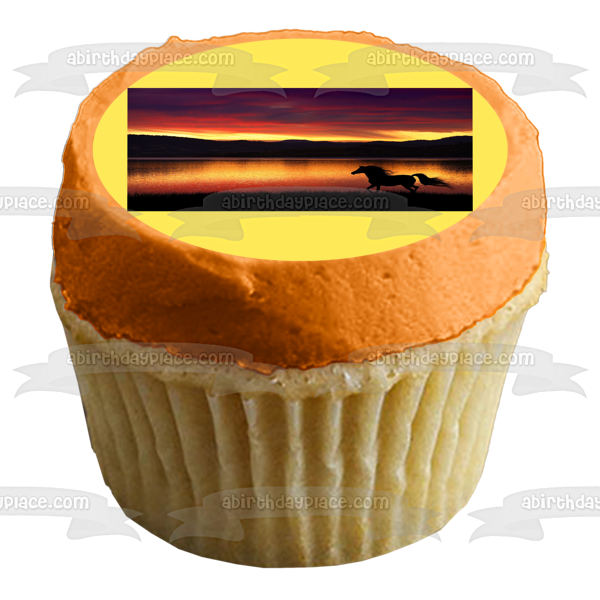 Horse Running Silhouette Sunset Background Edible Cake Topper Image ABPID01413